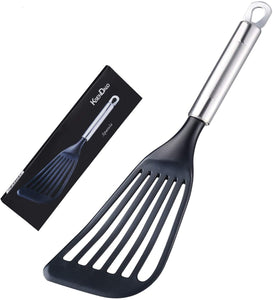 KSENDALO Nonstick Spatula Turner, Thin Slotted Spatula, Wide Nylon Blade Lightweight but Sturdy Kitchen Fish Spatula, with Brushed Stainless Handle, Black(Option 1)