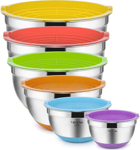 6 Pcs Stainless Steel Mixing Bowls with Lids,YIHONG Metal Nesting Mixing Bowls Set for Mixing, Baking,Serving,Food Prep, Size 7, 5, 4, 3, 2, 1.5QT, with Colorful Non-Slip Bottoms